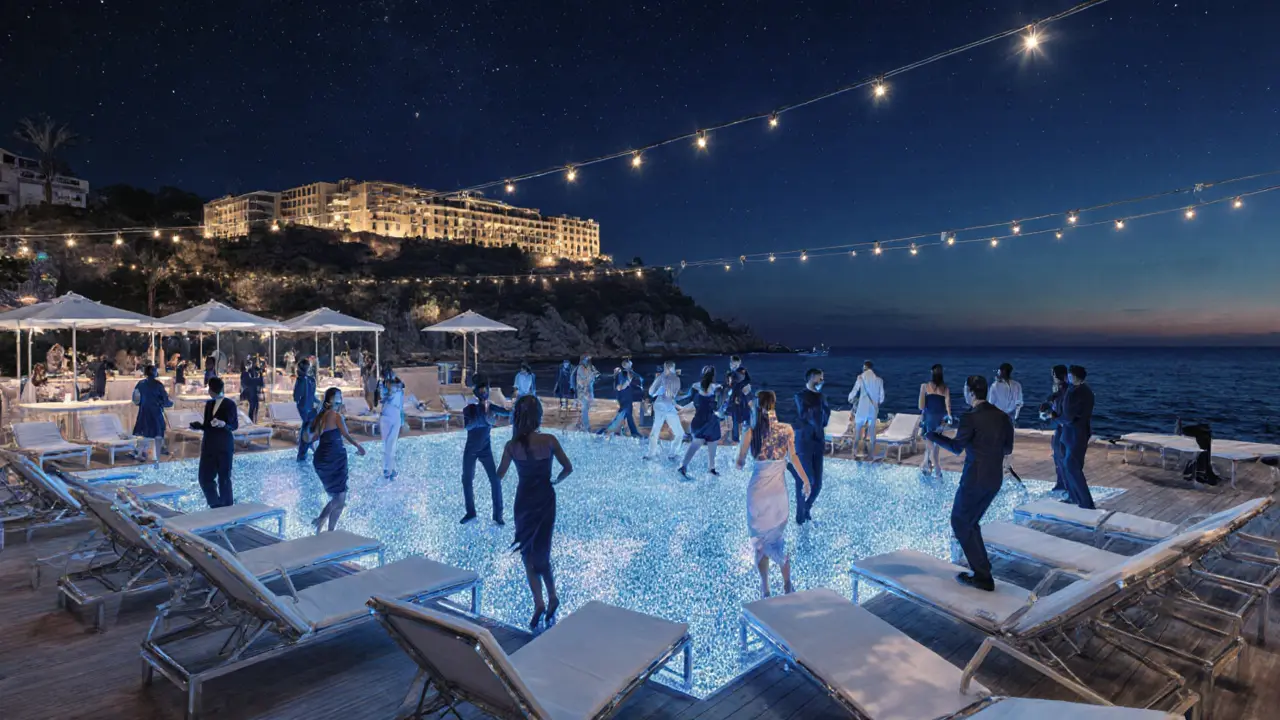 Luxurious beach club at night with guests dancing under string lights beside the Mediterranean.