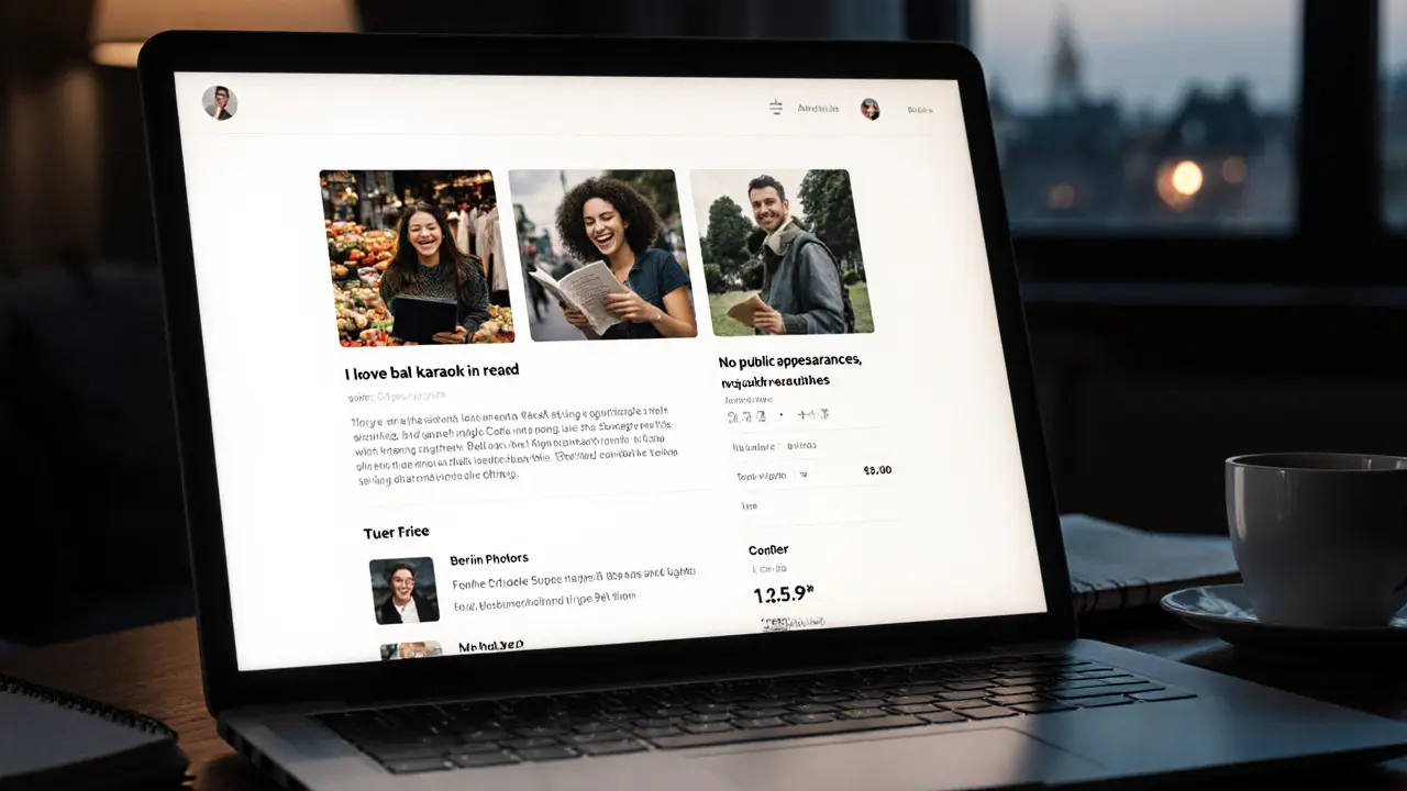 Minimalist escort profile on laptop screen showing candid photos and authentic bio text.