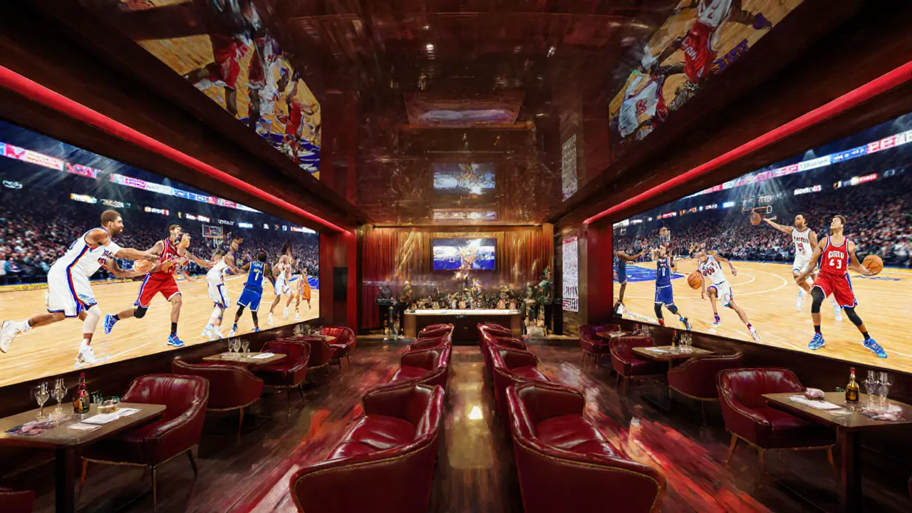 NBA Finals watch party at The Racket with VIP lounge, DJ, and multiple screens showing basketball action.