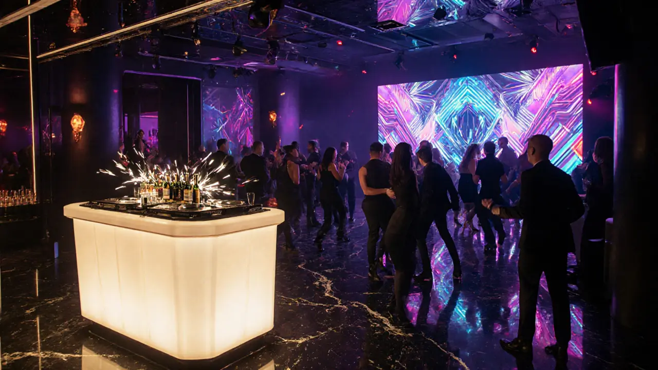 Neon-lit nightclub with pulsing LED wall and crowd dancing under strobe lights.