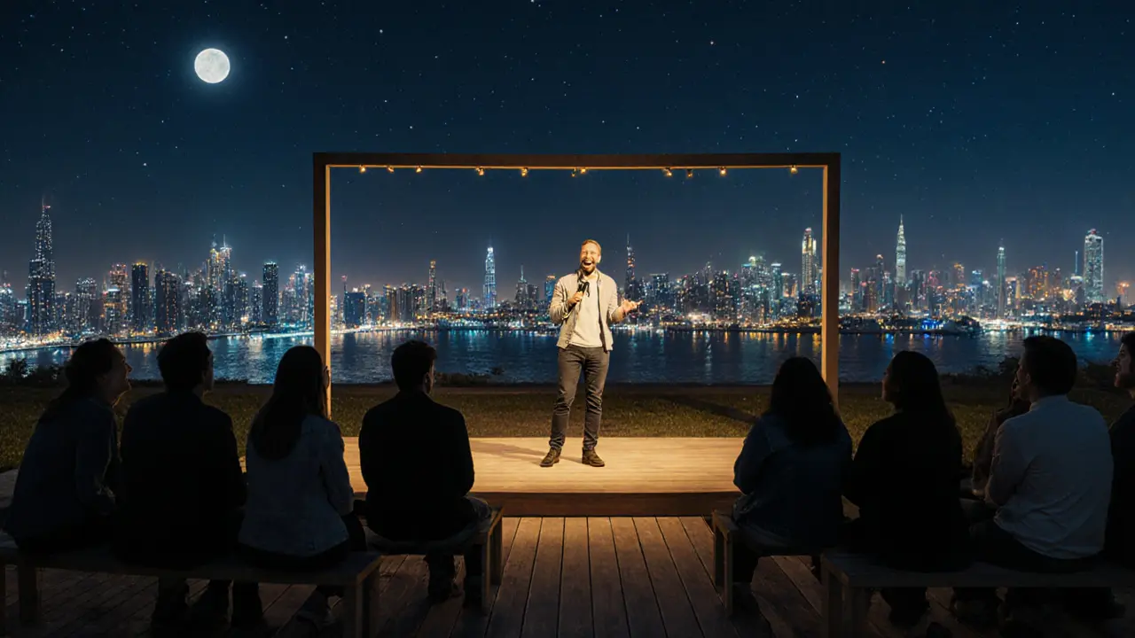 People laughing under the stars at an outdoor comedy show with Dubai&#039;s skyline as a backdrop.