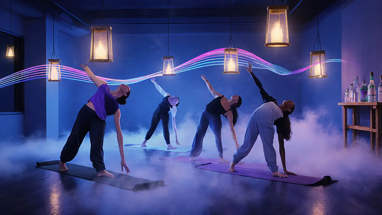 People practicing yoga in a dimly lit studio with soft colored lights and herbal drinks nearby.