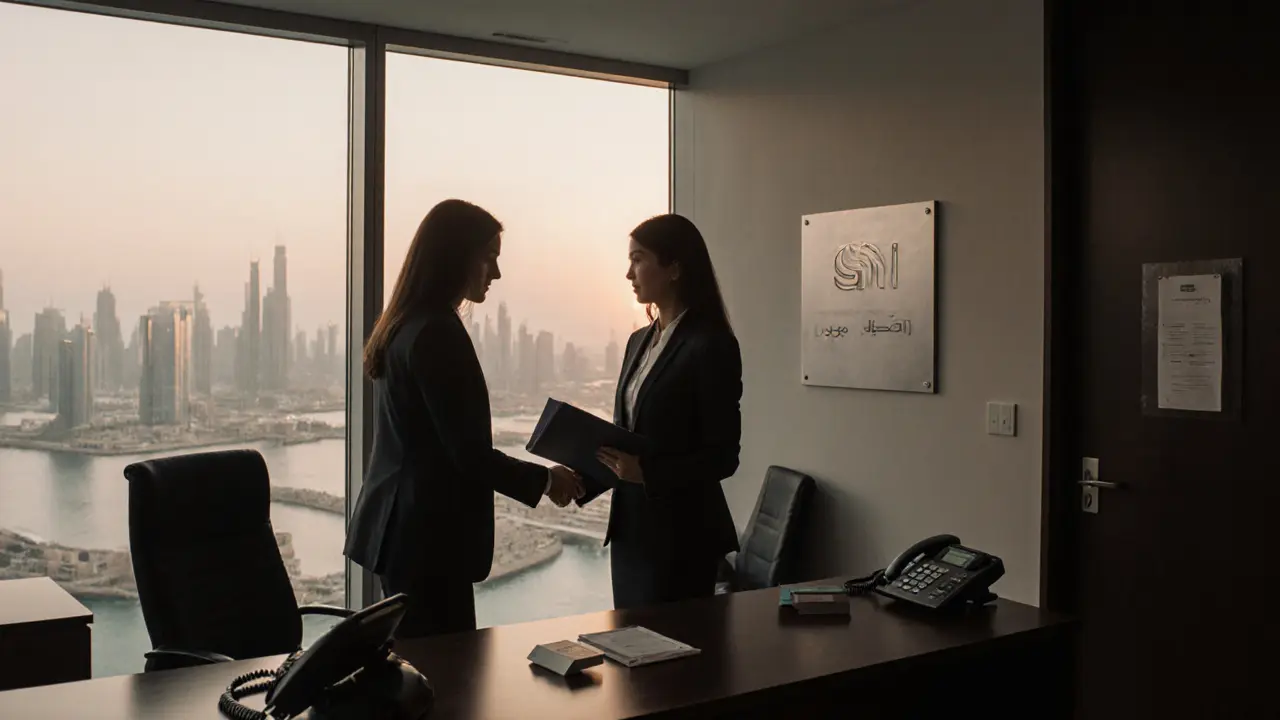 Professional escort agency office in Al Reem Island with discreet signage and client meeting.