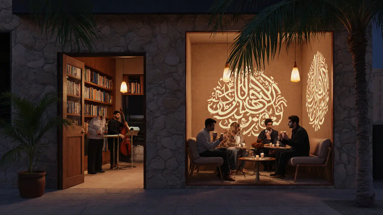 Quiet art lounge with live jazz, Arabic coffee, and calligraphy projections in a cultural venue at night.
