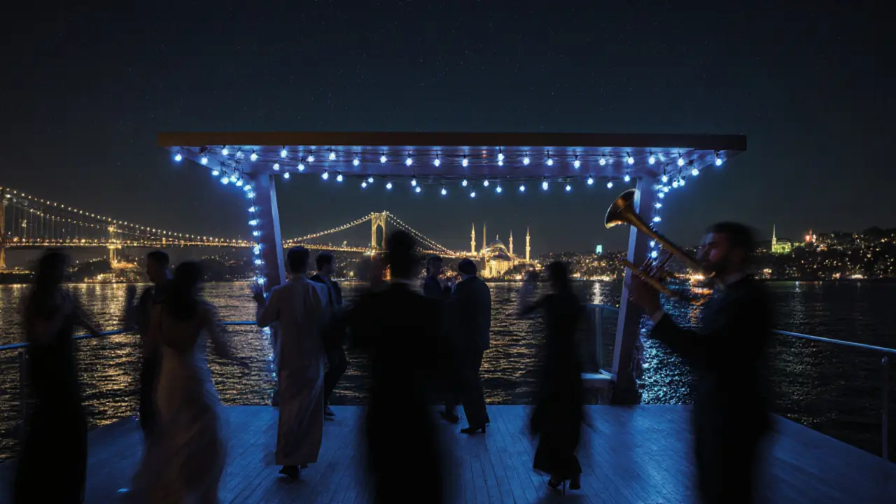 Rooftop club on the Bosphorus with guests dancing under stars, bridge and minarets in the distance.