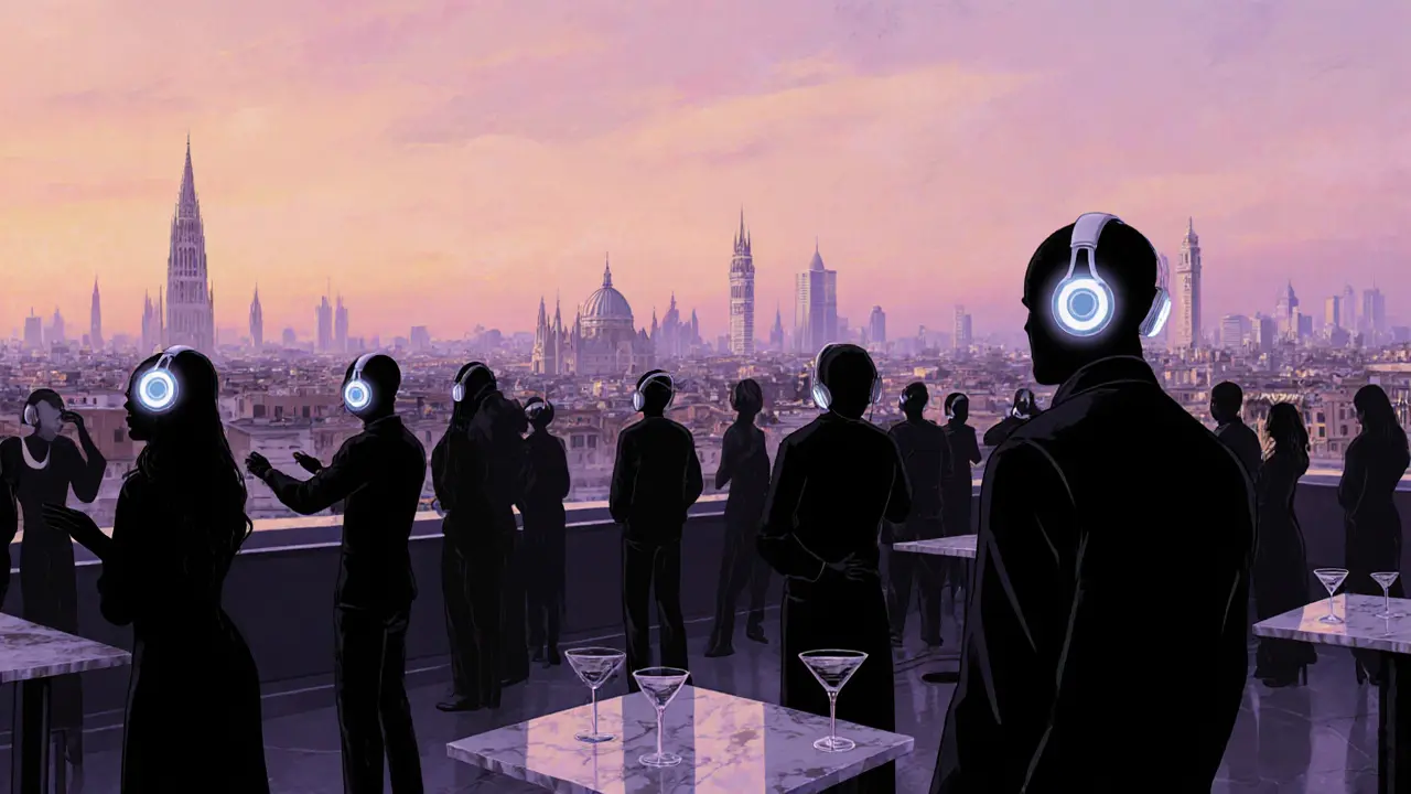 Rooftop party at Opium as sunrise paints Milan’s skyline, dancers silhouetted against morning light.
