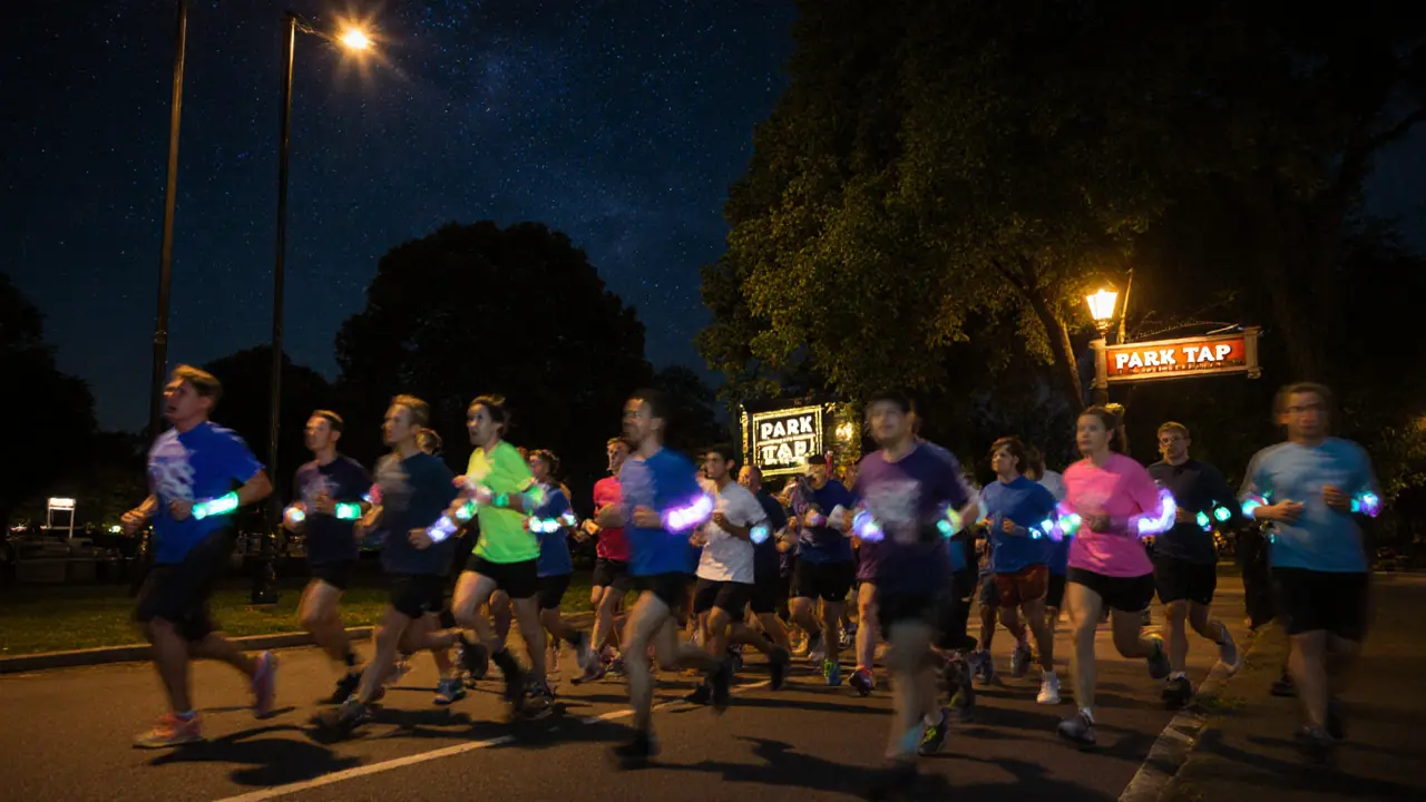 Runners glowing in the dark jogging along a park path at night with a pub in the distance.