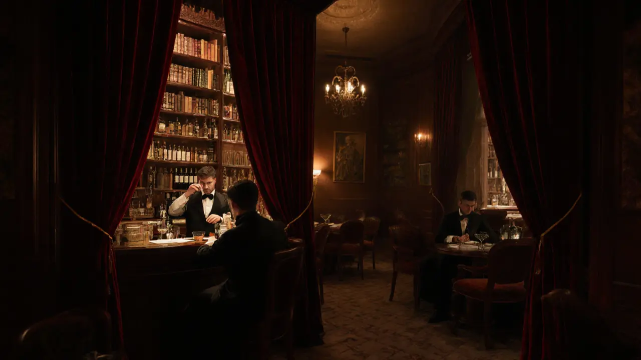 Secret speakeasy bar with elegant bartenders and warm lighting in a 1920s-inspired setting.