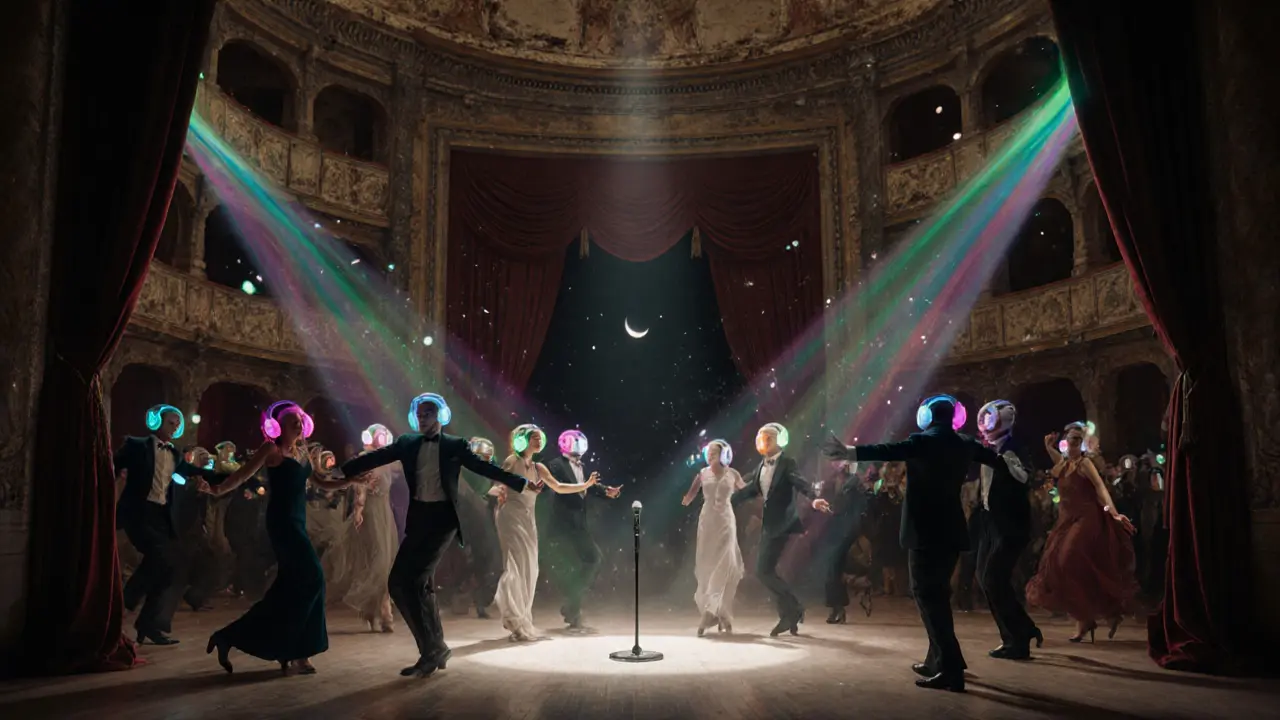 Silent disco in a grand theater, people dancing with glowing headphones emitting colorful sound waves.