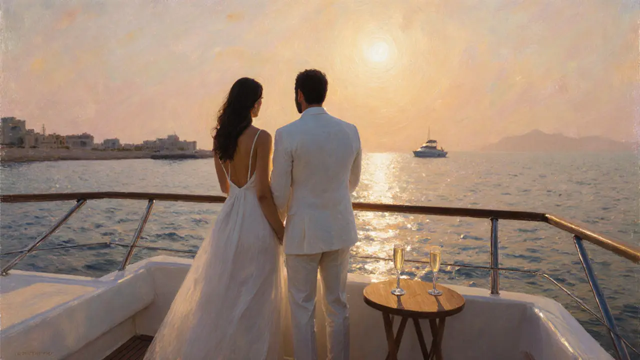 Silhouettes of a couple on a private yacht at dusk, the sea glowing with sunset hues, no faces visible.