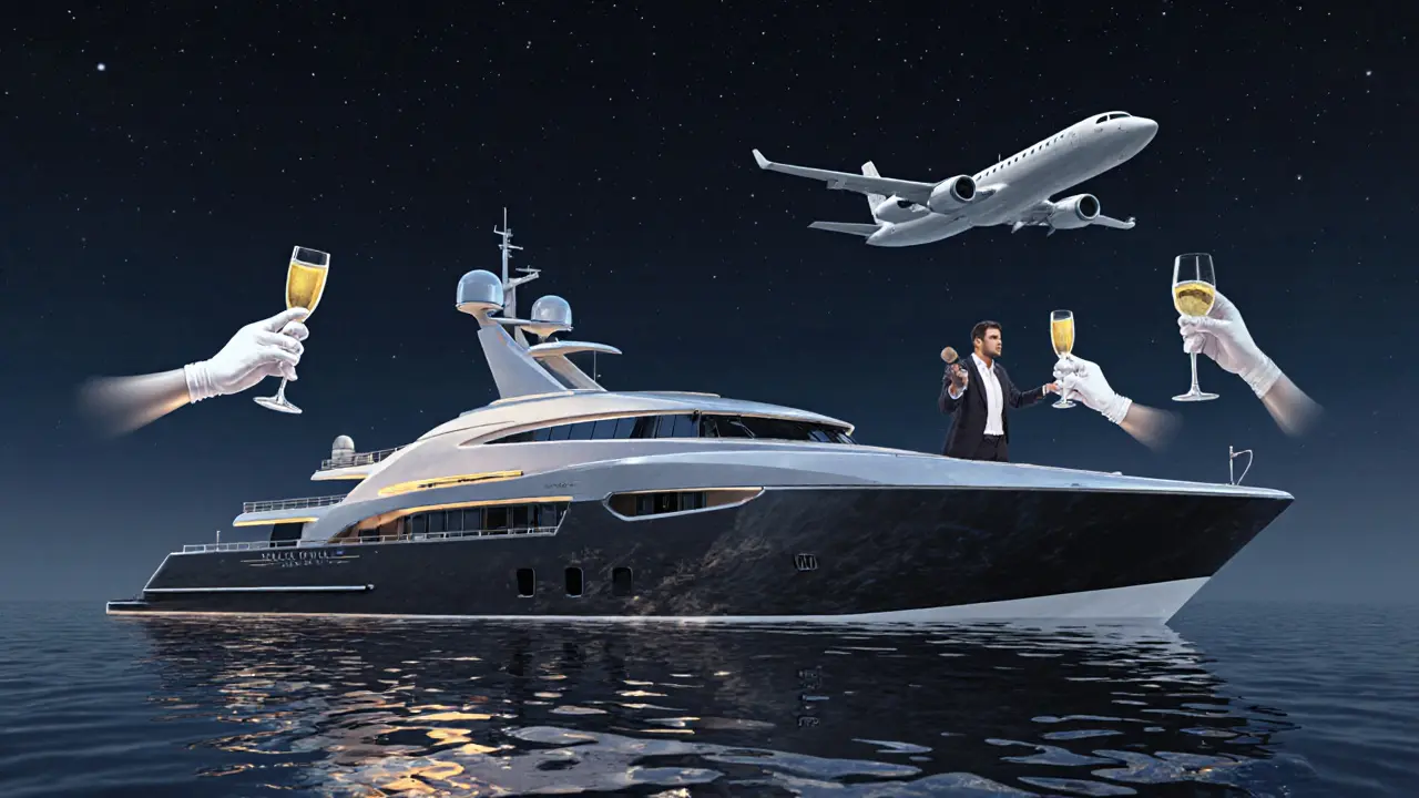 Superyacht Black Pearl at night, floating champagne and gloves, jet above, no people, serene water reflections.