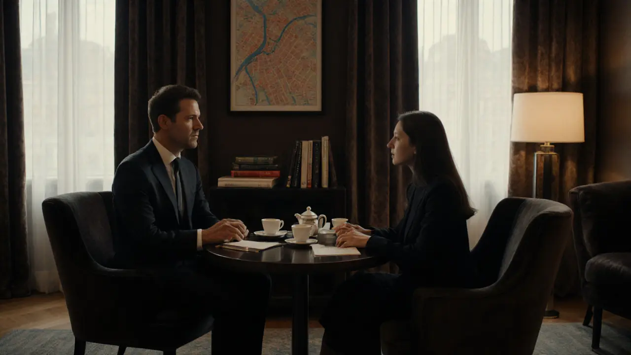 Two people converse calmly in a refined hotel lounge, tea and books on the table.