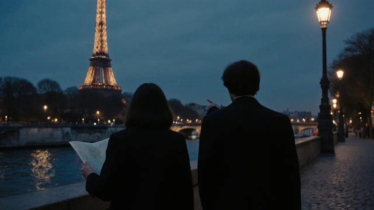 Two people walking along the Seine at dusk, exploring Paris together in silent connection.