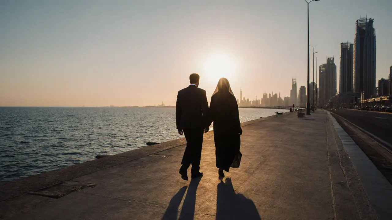Two people walking peacefully along the Abu Dhabi Corniche at sunset, shadows long on the path.