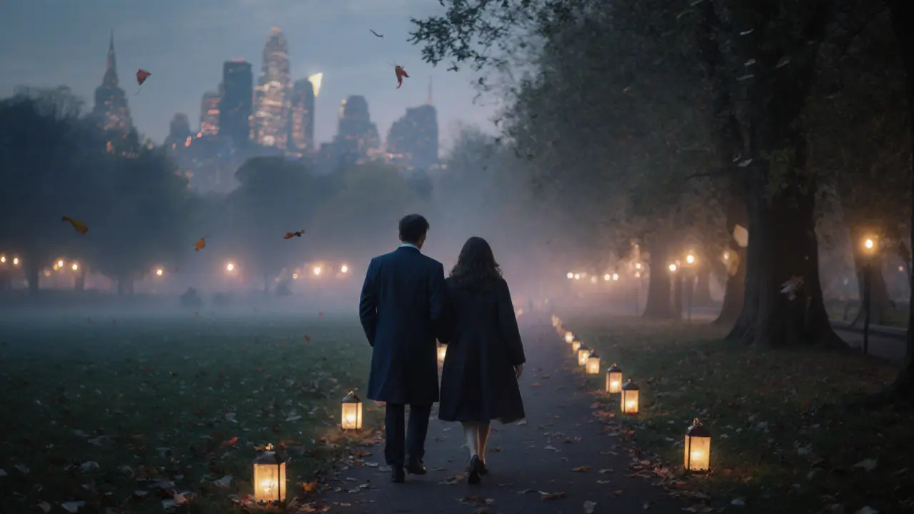 Two people walking peacefully together in Hyde Park at twilight.