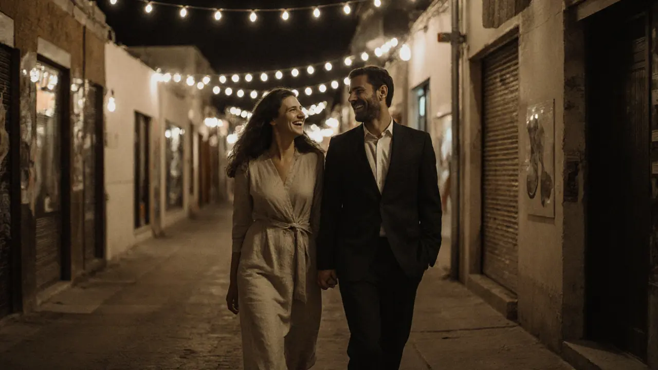 Two people walking through an art district in Dubai at dusk, engaged in quiet conversation.