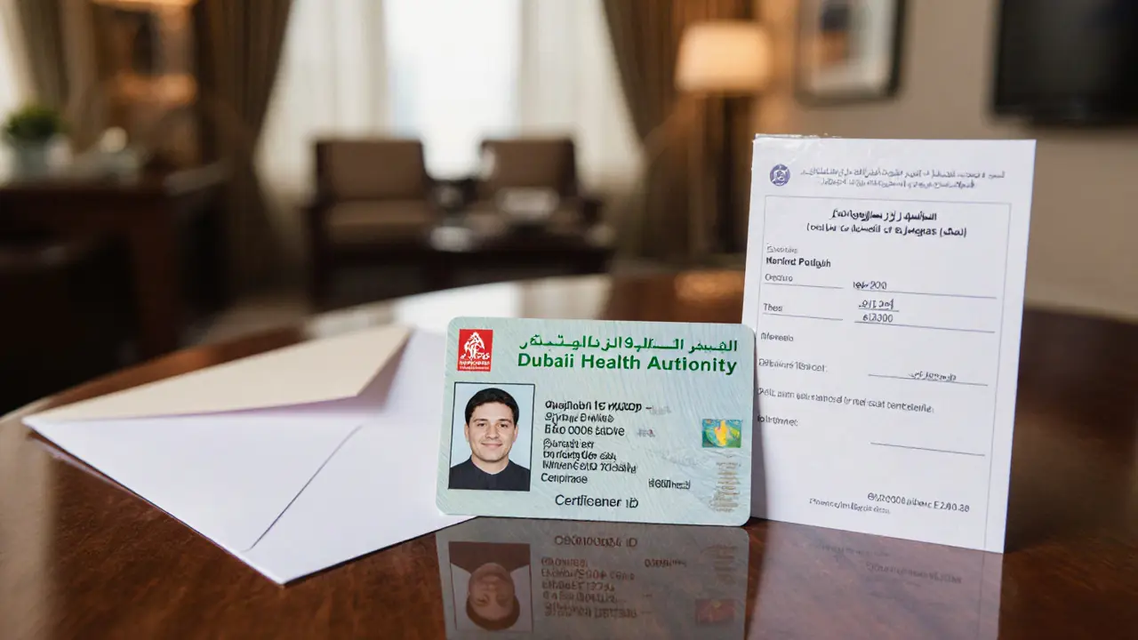 Verified government ID and health certificate on a wooden table, symbolizing legal compliance and safety.