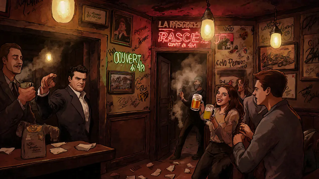 Vibrant pub with signed memorabilia and lively patrons enjoying beer and absinthe late at night.