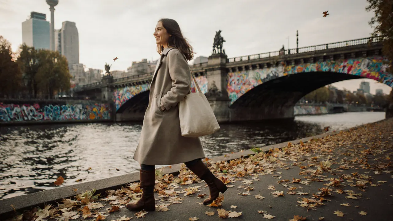Woman walking by the Spree River in autumn, coat flowing, genuine expression, urban backdrop.
