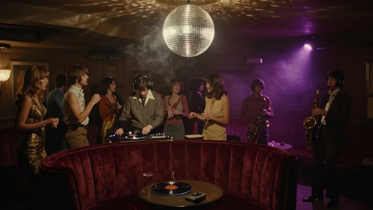 A 1970s underground lounge with a spinning disco ball and people dancing to live jazz.