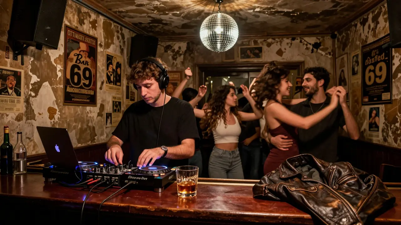 A 24-hour underground bar at dawn, diverse dancers under a disco ball as Ottoman and hip-hop music blend in the air.