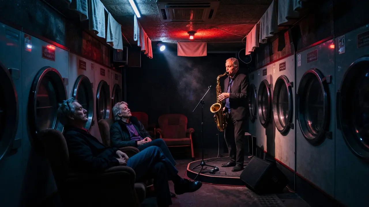 A basement jazz spot under a laundromat, dim red light, saxophonist playing as listeners sit in silence.