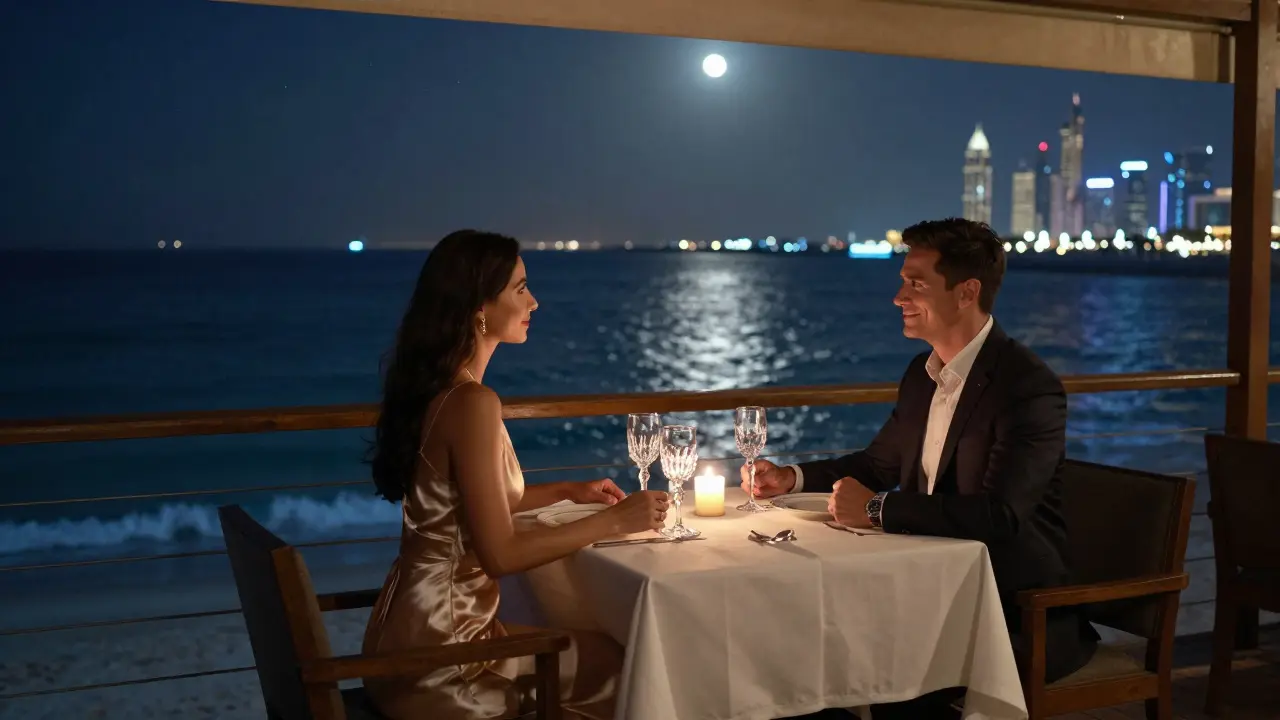 A candlelit private dinner on Pierchic’s deck over the Arabian Gulf under a starry sky.