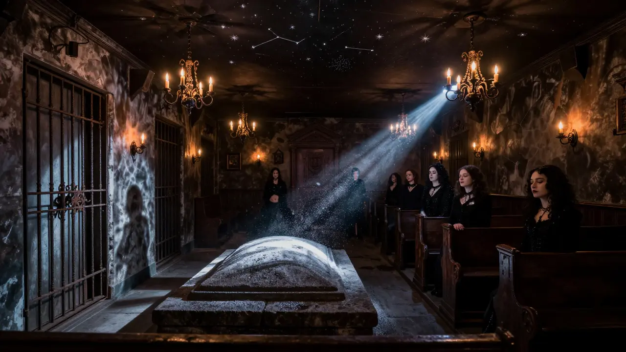 A candlelit underground bar with a crypt beneath the floor, patrons in black, silver dust glowing in UV light.