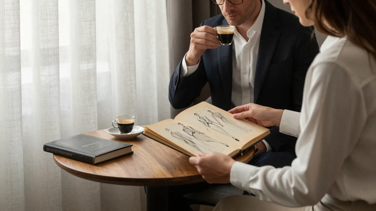A client and companion share a quiet moment in a Brera hotel room, reviewing vintage fashion sketches by candlelight.