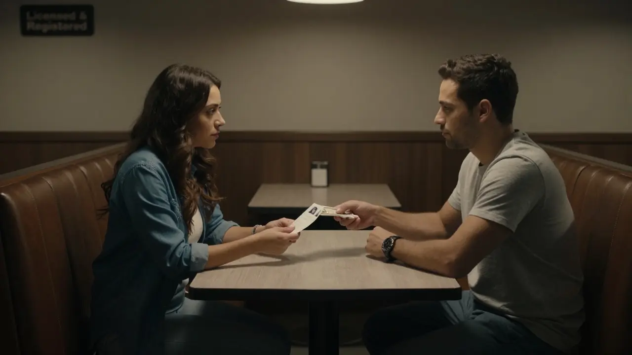 A client and escort exchanging cash and a receipt in a licensed escort lounge, ID and professionalism evident.