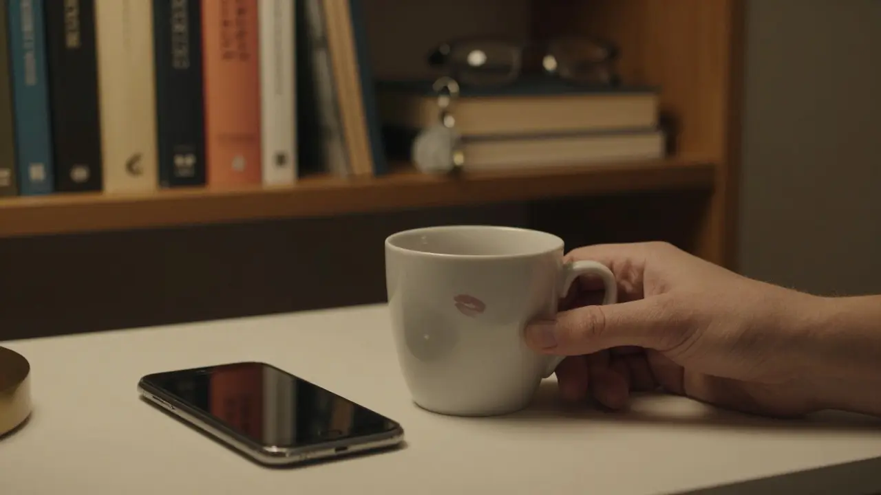 A coffee cup rests on a nightstand beside a turned-off phone, suggesting quiet, thoughtful presence.