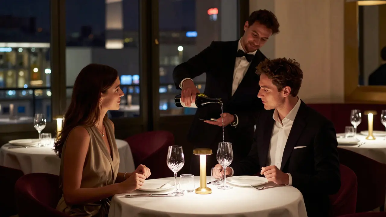 A couple enjoying a quiet dinner at an elegant Berlin restaurant with candlelight and city views.