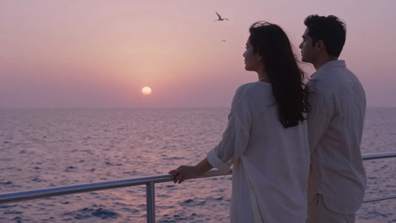 A couple shares a silent sunset moment on a private yacht overlooking the Persian Gulf.