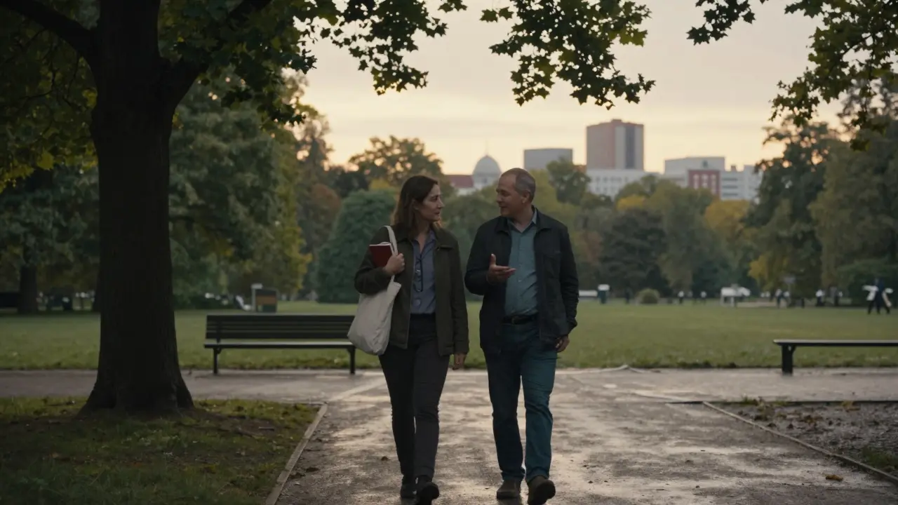A couple walking peacefully through Tiergarten Park at sunset, engaged in thoughtful conversation.