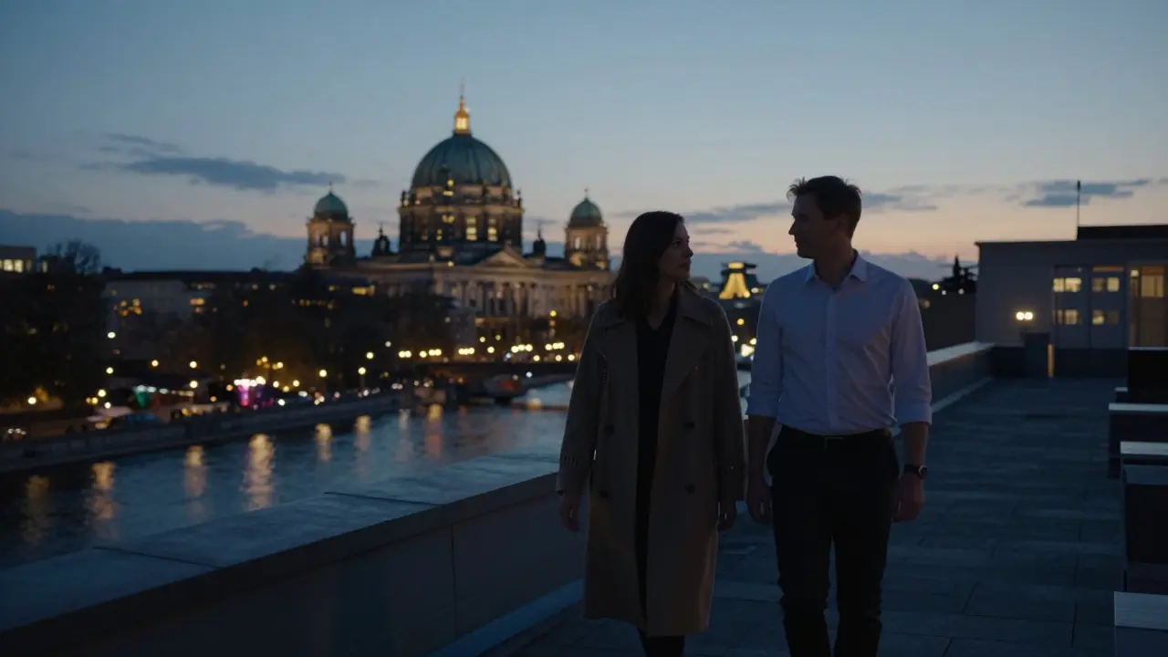 A couple walking silently on a Berlin rooftop at twilight, city lights glowing behind them.