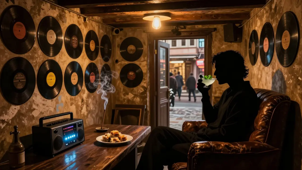 A cozy basement bar with vintage records and dim lighting, someone sipping mint ayran in a worn armchair.