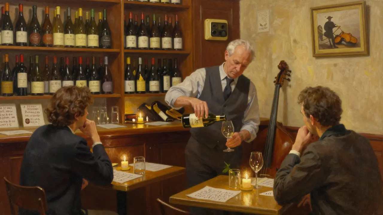 A cozy wine bar where a sommelier pours red wine by candlelight, surrounded by bottles and warm wood tones.