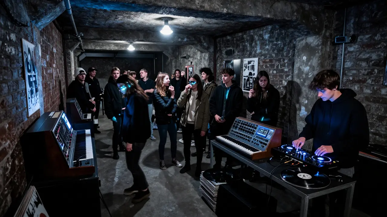 A crowd moves silently to live music in a raw, industrial underground club lit by strobes and vinyl records.