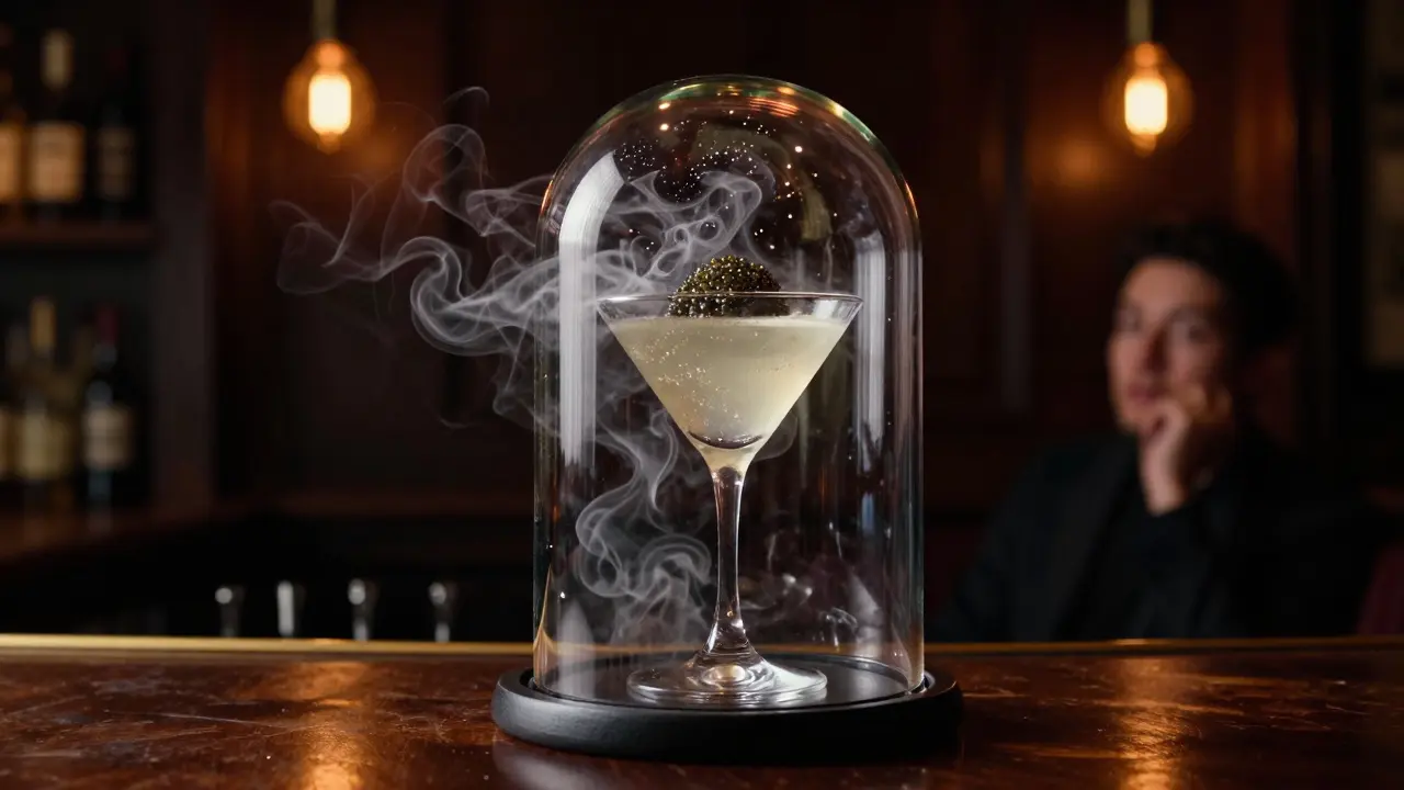 A glowing Caviar Martini with smoke and glitter being served in a dimly lit speakeasy bar.