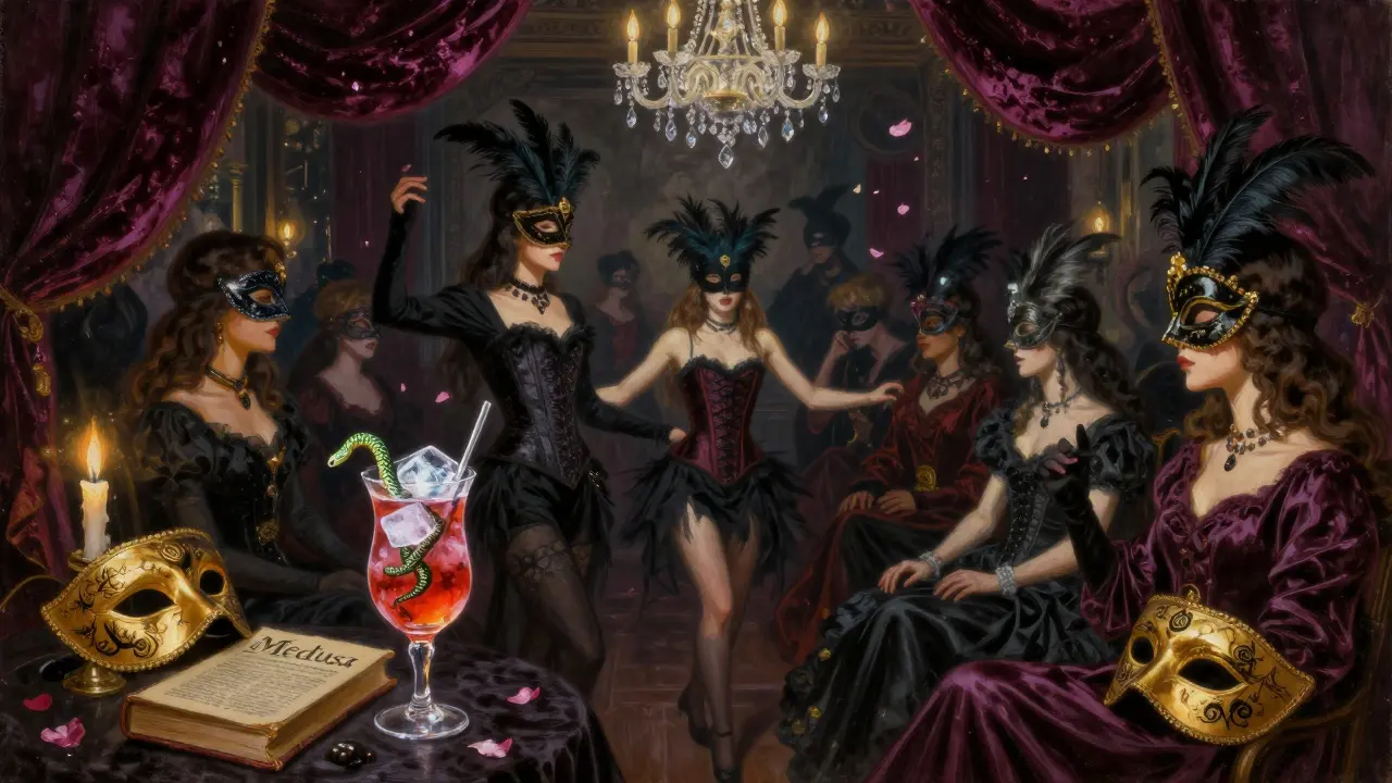 A gothic masquerade party in a velvet-lined venue with masked performers and serpentine ice cocktails.