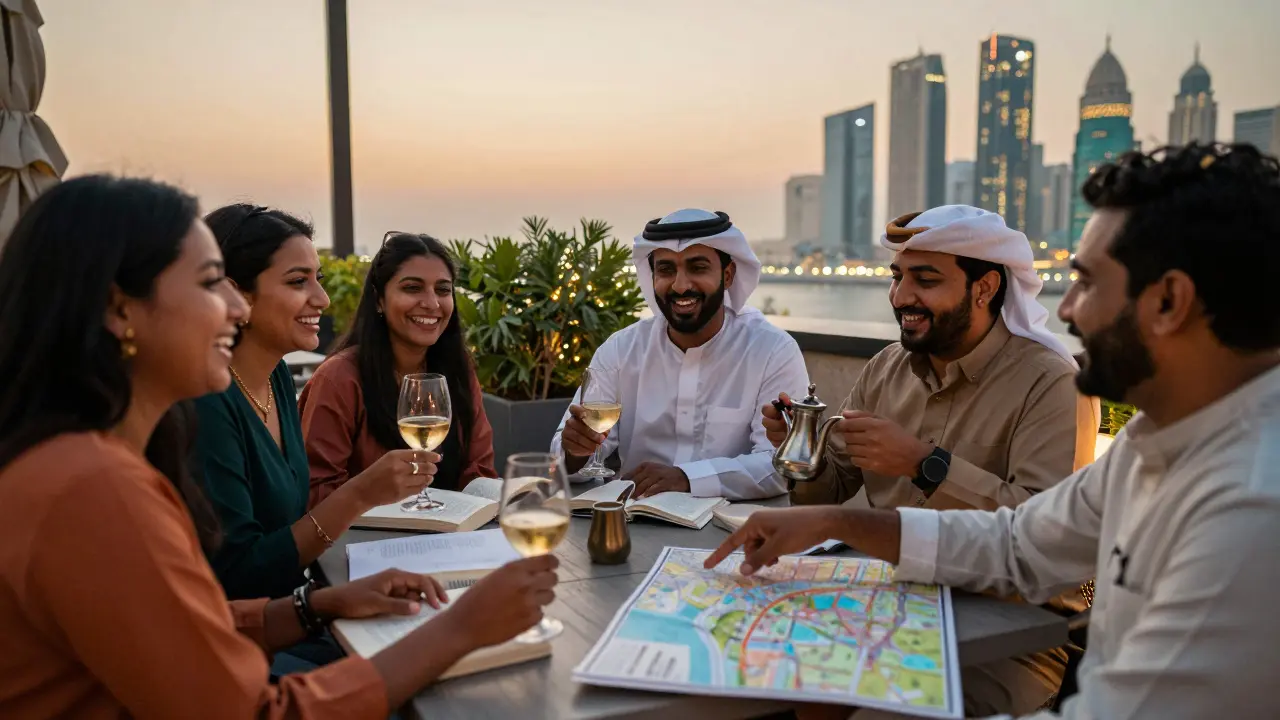 A group of expats and locals enjoying drinks and conversation at a rooftop café in Abu Dhabi at sunset.