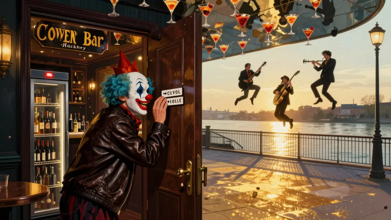 A hidden speakeasy with mirrored ceiling and jazz atmosphere, accessed through a fridge door in a quiet alley.