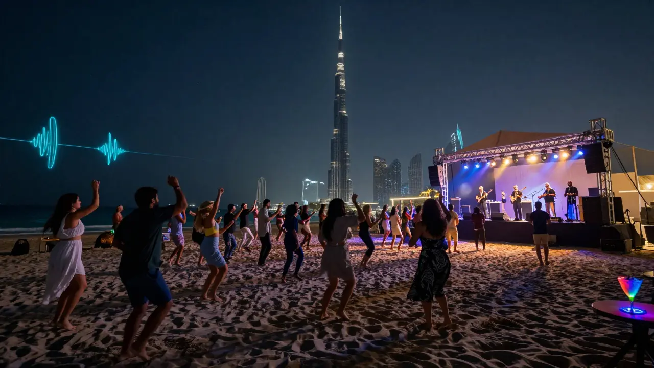 A lively outdoor concert at night with a crowd dancing under the Burj Khalifa's glow.