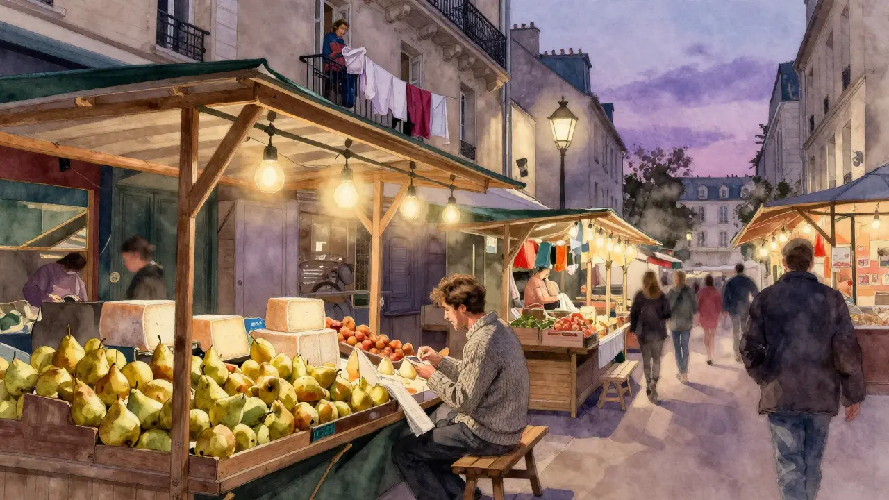A lone man eating cheese and pear at the Marché des Enfants Rouges at dusk.