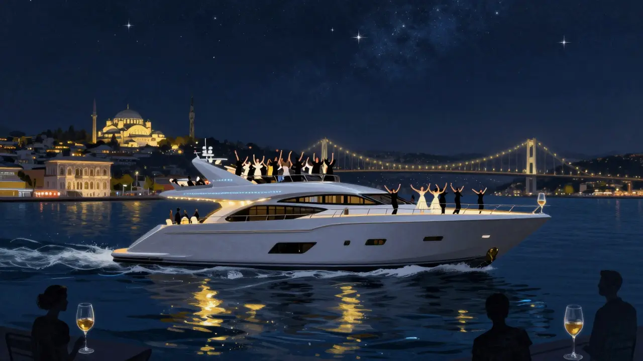 A luxury yacht party on the Bosphorus under stars, with dancers on deck and city lights reflecting on water.