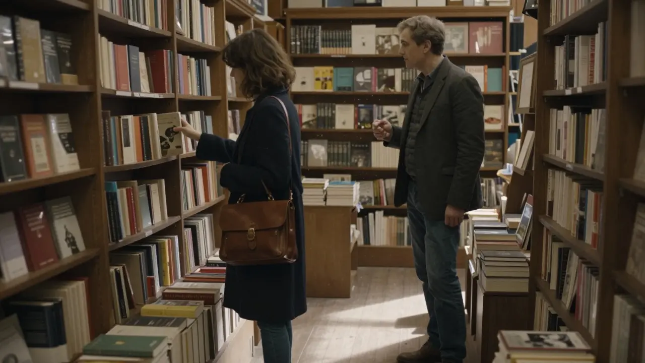 A man and woman browsing books together in a quiet Parisian bookstore.