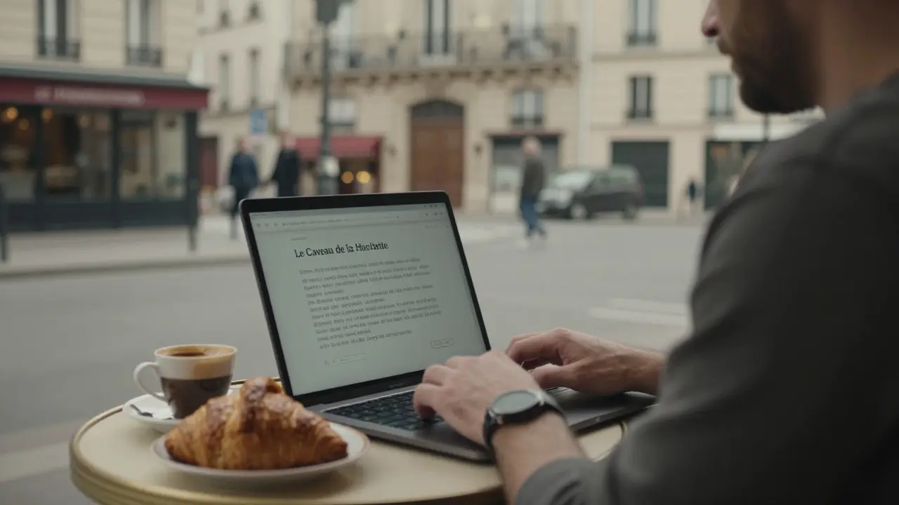 A man writing a thoughtful message to an escort at a Paris café, focused and respectful.