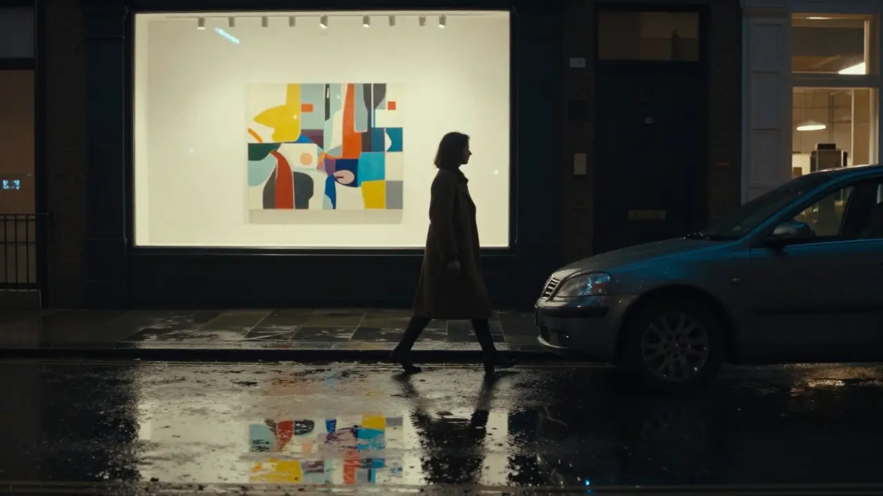 A person in a coat walks at night in Shoreditch, their shadow reflected in a rainy street, with a car’s silhouette nearby.