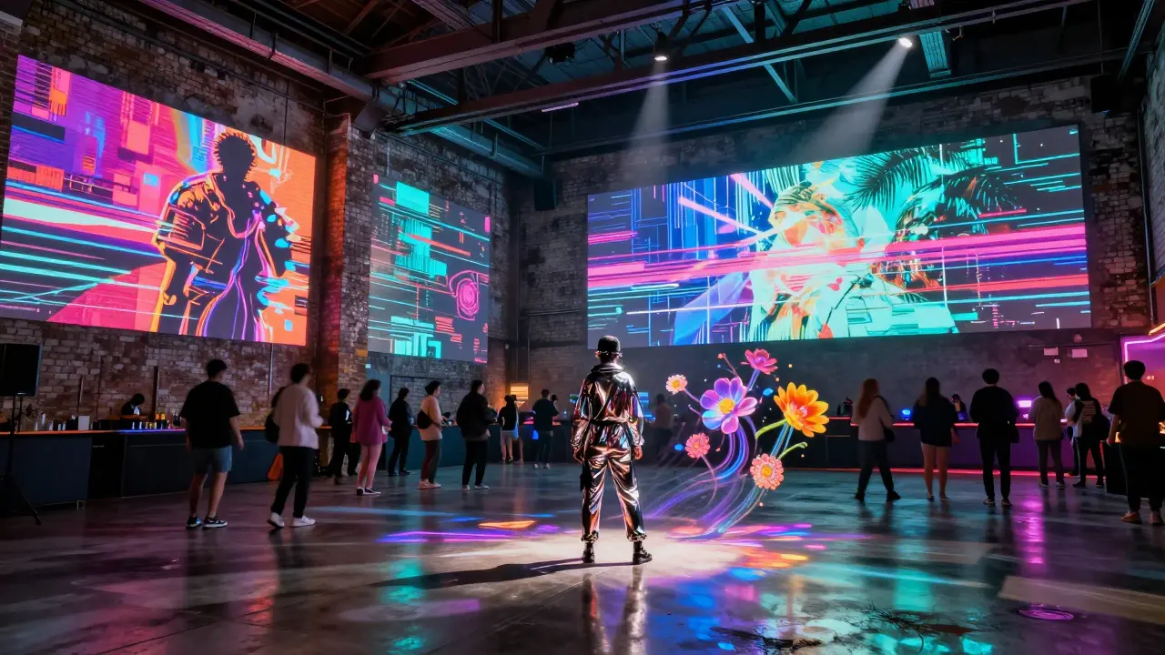A person in metallic clothing surrounded by glitch art projections in an industrial warehouse club.