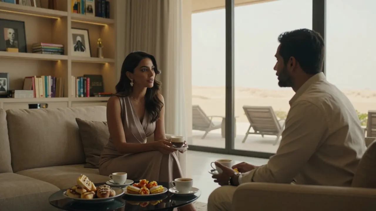 A professional companion and client talking calmly in a luxurious villa lounge with desert views.